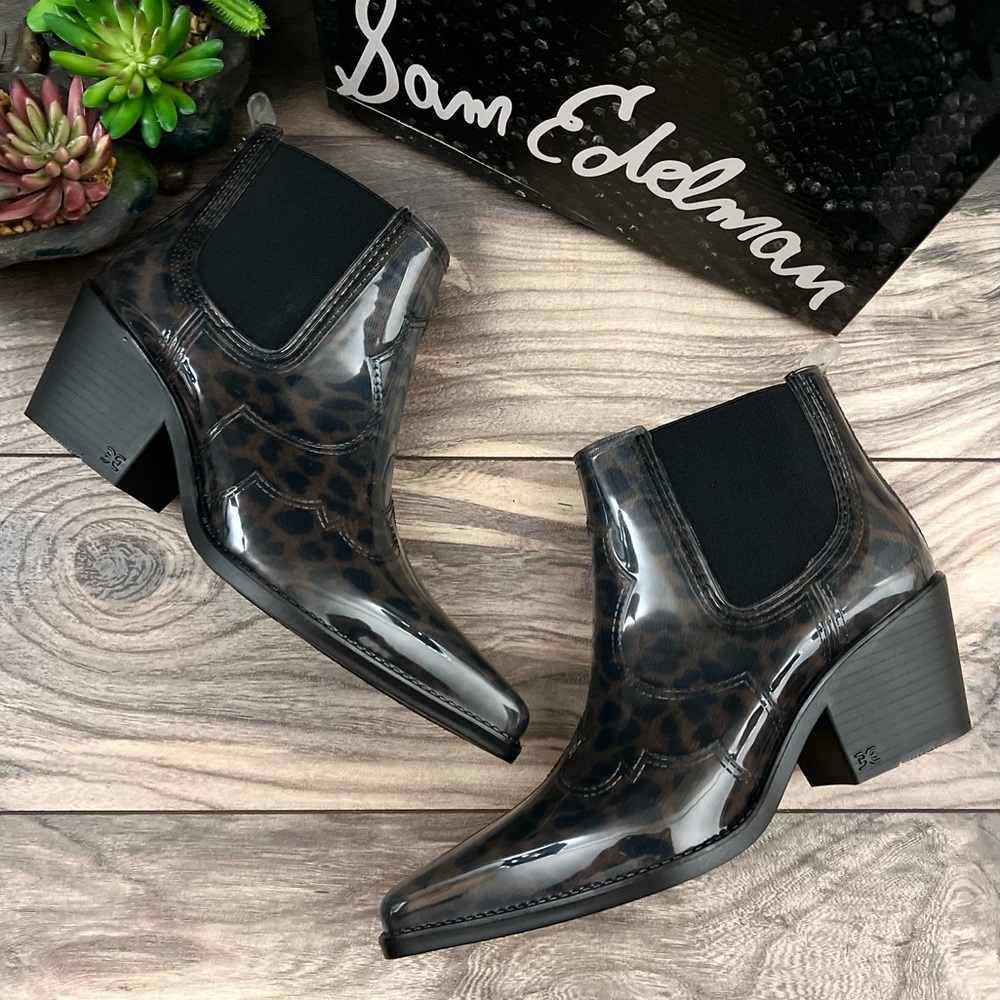 NIB Sam Edelman Winona Western Ankle Rain Bootie Bootie Dark Leopard 8M 38 - Picture 1 of 11